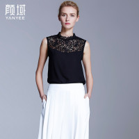 颜域品牌女装2016夏新款时尚拼接勾花镂空蕾丝雪纺衫无袖立领上衣 70S6250