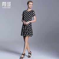 颜域品牌女装2016夏季新品优雅俏皮白色波点针织弹力复古连衣裙 20S6253
