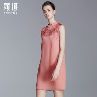 颜域品牌女装夏款复古小立领立体水溶绣花光滑真丝桑蚕丝A连衣裙 20S6374