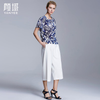 颜域品牌女装夏季新款欧美几何印花针织短款上衣宽松弹力短袖T恤 50S6305