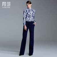 颜域品牌女装2016秋装新款知性干练OL印花宽松小立领衬衣女衬衫 70S6068