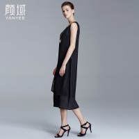 颜域品牌女装2016夏欧美镂空竖条连衣裙无袖圆领开叉双层裙假两件 20S6345