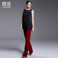 颜域品牌女装2016夏秋新款欧美时尚OL条纹压褶中长款吊带无袖背心 40S6139