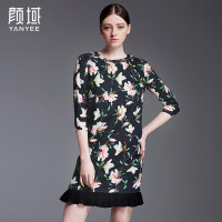 颜域品牌女装2016秋装新款欧美时尚100%桑蚕丝七分袖荷叶边连衣裙 20S6096