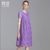 颜域品牌女装2016夏新款欧美时尚勾花镂空蕾丝短袖宽松a字连衣裙 20S6445
