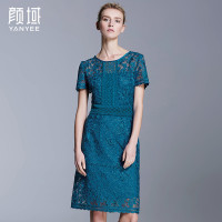 颜域品牌2016夏新款高端时尚蕾丝提花收腰气质优雅连衣裙夏中裙 20S6278