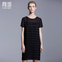 颜域品牌女装2016夏装新款欧美优雅条纹压皱中长款短袖连衣裙女 20S6224