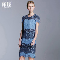 颜域品牌女装2016夏季新款欧美优雅镂空蕾丝中款短袖H型连衣裙 20S6308