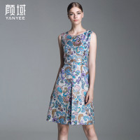 颜域品牌女装2016秋装新款欧美时尚无袖收腰梭织提花配腰带连衣裙20A6582