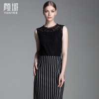 颜域品牌女装2016秋装款欧美无袖骨线镂空蕾丝两件套吊带背心上衣40A6588