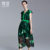 颜域品牌女装2016夏装夏款高雅雪纺连衣裙中长款绸缎拼接收腰长裙20S6394