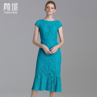 颜域品牌女装2016夏新款欧美鱼尾裙摆包袖收腰水溶勾花蕾丝连衣裙20S6518