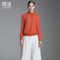 颜域品牌女装2016秋装款复古碎花雪纺高领打底长袖缩腰弹力带上衣 70A6606