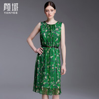 颜域品牌女装2016夏装新款复古真丝连衣裙印花优雅桑蚕丝无袖摆裙 20S6128