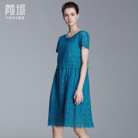 颜域品牌女装2016夏季新款简约时尚两件套勾花镂空蕾丝连衣裙短袖 20S6349