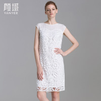 颜域品牌女装2016夏装新款欧美水溶蕾丝拼接真丝包肩修身ol连衣裙20S6490
