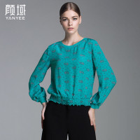 颜域品牌女装2016秋装新款复古时尚碎花长袖雪纺衫抽绳弹力带上衣 70A6602