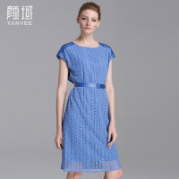 颜域品牌女装2016夏新款欧美几何条纹包肩拼接短袖腰带蕾丝连衣裙20S6483