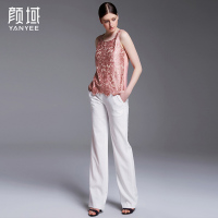 颜域品牌女装2016夏秋新款欧美时尚纯色镂空蕾丝绣花工字吊带背心 40S6149