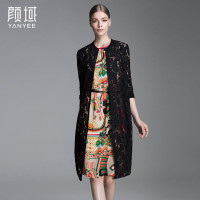 颜域品牌女装秋装款百搭镂空蕾丝长款外披风衣长袖小立领纽扣开衫 00A6616