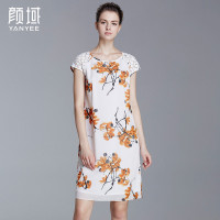 颜域品牌女装2016夏新款复古镂空拼接包袖仿麻水墨印花H型连衣裙20S6407