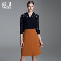 颜域品牌女装2016秋款欧美V领系带长袖内衬两件套镂空蕾丝衫上衣70A6550