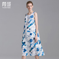 颜域品牌女装2016夏装新款简约时尚几何图案印花无袖中长款连衣裙 20S6519