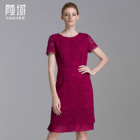 颜域品牌女装2016夏装新款欧美骨线勾花蕾丝短袖修身百褶摆连衣裙 20S6506