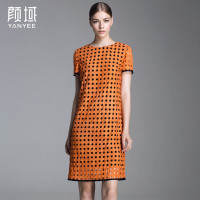 颜域品牌女装2016秋装新款欧美复古直筒短袖几何圈水溶蕾丝连衣裙20A6558