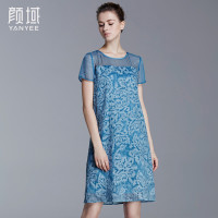 颜域品牌女装夏季款复古丝麻刺绣桑蚕丝连衣裙轻薄乔其纱拼接短袖 20S6347