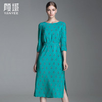 颜域品牌女装2016秋装新款欧美优雅碎花七分袖调节腰带开叉连衣裙 20A6603