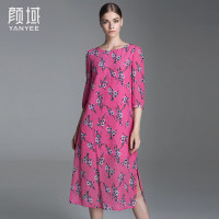 颜域品牌女装2016秋新品复古印花调节腰带七分袖双绉桑蚕丝连衣裙 20A6630