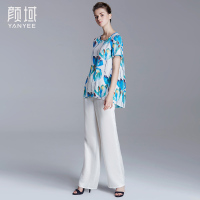 颜域品牌女装2016秋装新款复古水墨荷花短袖T恤仿麻长短宽松上衣 70S6169