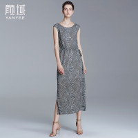 颜域品牌女装夏季款欧美抽象几何纹图案抽绳连衣裙无袖中长开叉款 20S6351