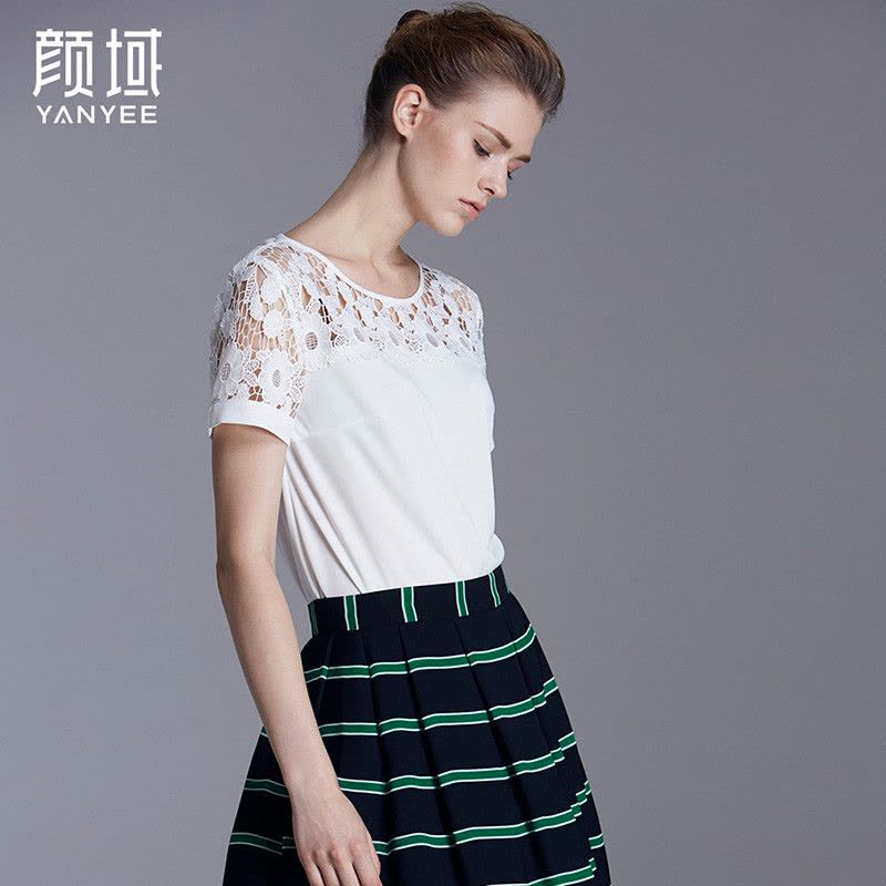 颜域品牌女装2016夏季简约新款水溶蕾丝拼接短袖T恤纯色优雅上衣 70S6387图片