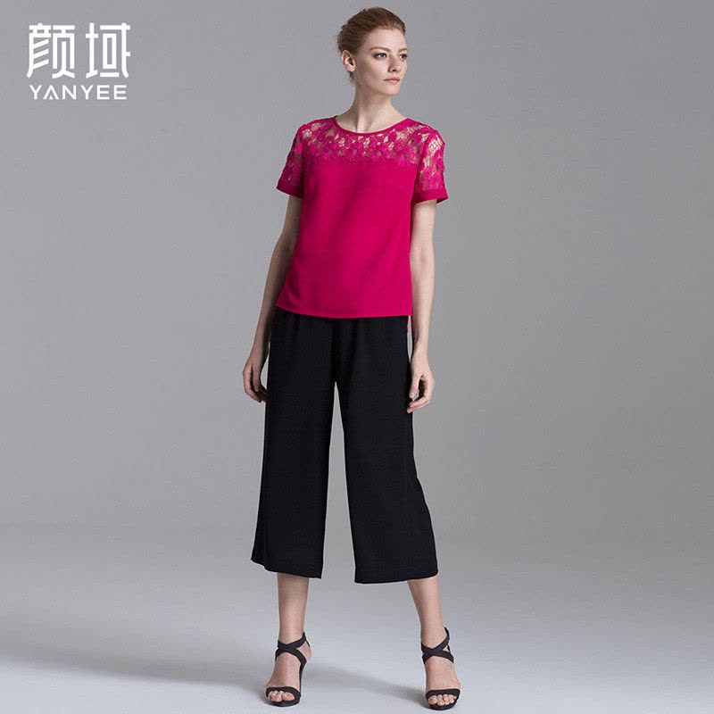 颜域品牌女装2016夏季简约新款水溶蕾丝拼接短袖T恤纯色优雅上衣 70S6387图片