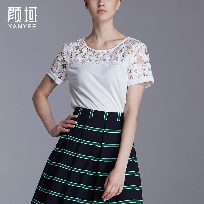 颜域品牌女装2016夏季简约新款水溶蕾丝拼接短袖T恤纯色优雅上衣 70S6387图片