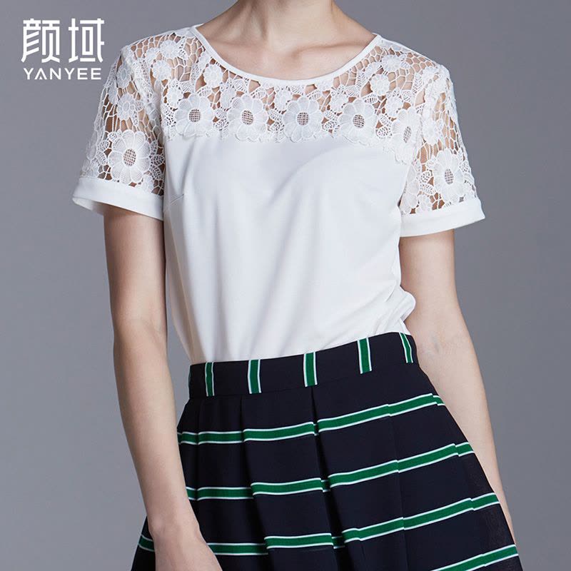 颜域品牌女装2016夏季简约新款水溶蕾丝拼接短袖T恤纯色优雅上衣 70S6387图片