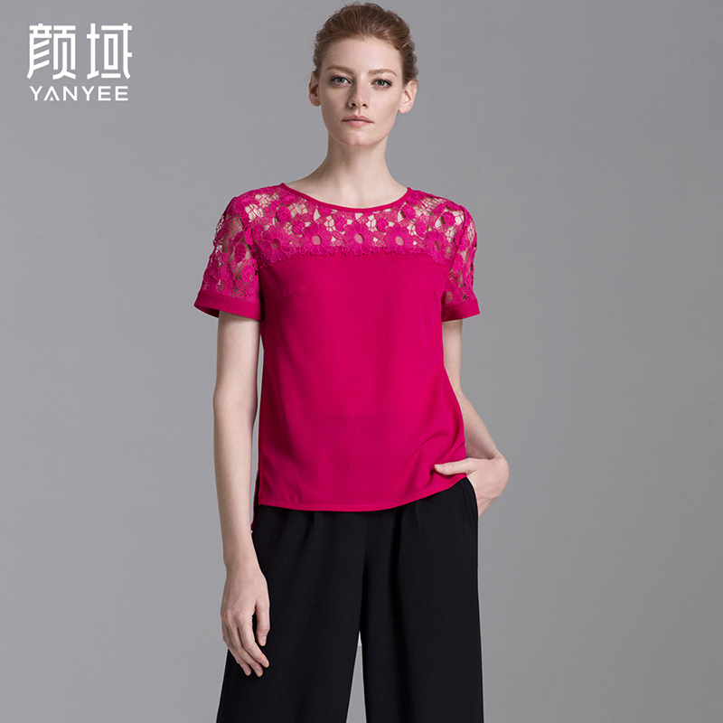 颜域品牌女装2016夏季简约新款水溶蕾丝拼接短袖T恤纯色优雅上衣 70S6387