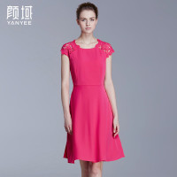 颜域品牌女装夏季新款欧美时尚镂空包袖梭织连衣裙丝滑纯色A摆裙 20S6340