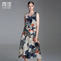 颜域品牌女装2016秋装款复古水墨印花桑蚕丝V领无袖中长款连衣裙20A6551
