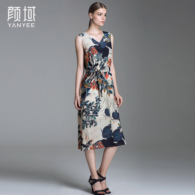 颜域品牌女装2016秋装款复古水墨印花桑蚕丝V领无袖中长款连衣裙20A6551
