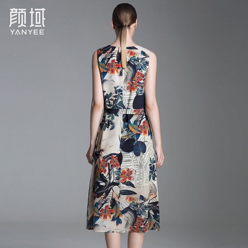 颜域品牌女装2016秋装款复古水墨印花桑蚕丝V领无袖中长款连衣裙20A6551