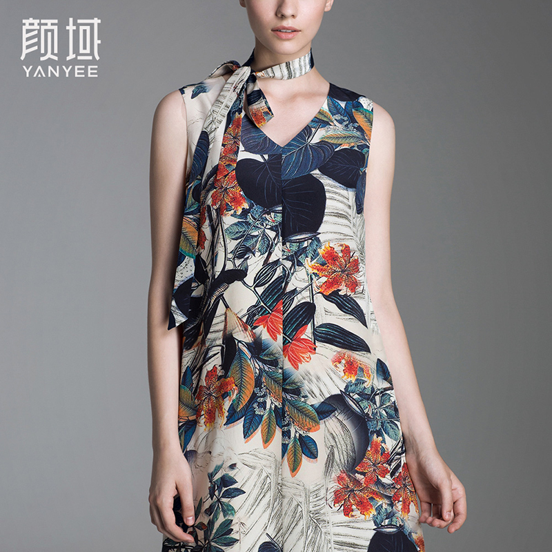 颜域品牌女装2016秋装款复古水墨印花桑蚕丝V领无袖中长款连衣裙20A6551