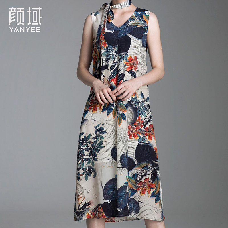 颜域品牌女装2016秋装款复古水墨印花桑蚕丝V领无袖中长款连衣裙20A6551