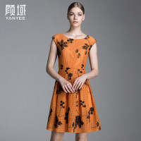 颜域品牌女装2016秋装新款欧美网格蕾丝绣花小包肩收腰A摆连衣裙20A6612