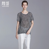 颜域品牌女装2016夏款欧美时尚针织几何图案T恤透感落肩短袖上衣 50S6352