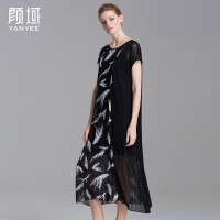 颜域品牌女装2016夏款复古网底印花弹力连衣裙短袖双面两件套长裙 20S6462