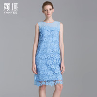 颜域品牌女装2016夏装欧美雪纺无袖拼接勾花蕾丝直筒中长款连衣裙20S6524