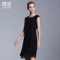 颜域品牌女装2016夏装新款欧美优雅OL梭织纯色收腰圆领无袖连衣裙 20S6215